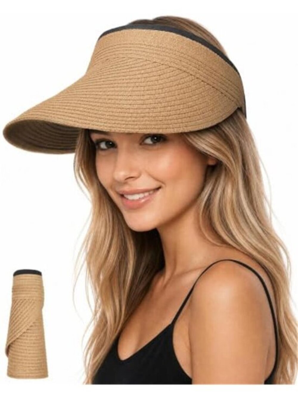 Sun Hats Visor for Women Straw Beach Hat Adjustable Wide Brim Ponytail